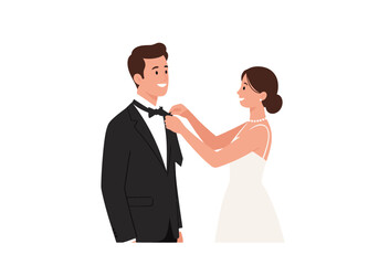 Wedding Bliss Bride Adjusting Groom's Bow Tie in a Heartwarming Moment of Love and Preparation