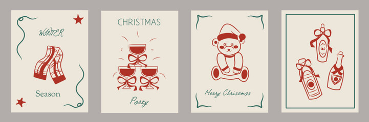 Hand drawn la dolce vita Christmas doodles. Vector illustration cards icon with bows, bottles and wine. Minimalist winter line art for invitations, stationery, printables, social media, wall art.	