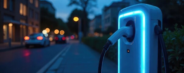 Sleek electric vehicle charging station with vibrant blue LED lights illuminating the charging port at night Futuristic design, sustainable energy, clean technology , green energy, future