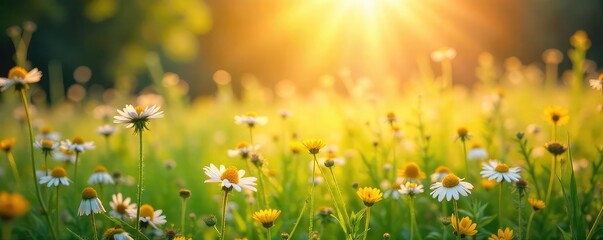 Soft, sunlit rays illuminate a field of wildflowers, gently swaying in the breeze, creating a serene and hopeful atmosphere Perfect for projects needing a peaceful, optimistic feel , life, goals