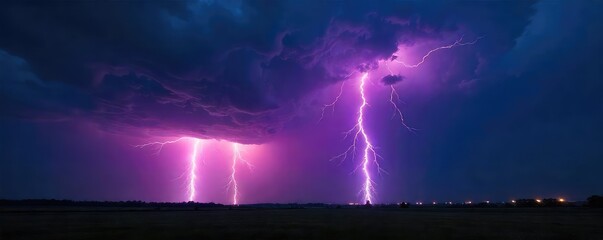 Spectacular display of cloud-to-ground lightning striking during a powerful thunderstorm at night The bright flash illuminates the dark landscape dramatically , night, storm