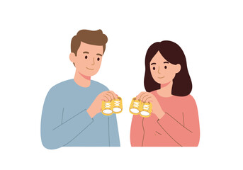 A cartoon couple hold yellow baby shoes hinting at a pregnancy announcement