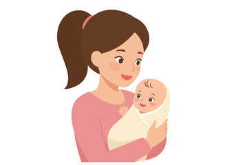 A cartoonstyle drawing shows a woman holding a swaddled baby both smiling