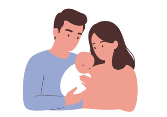 A couple cradles a sleeping baby both looking at the child with gentle expressions