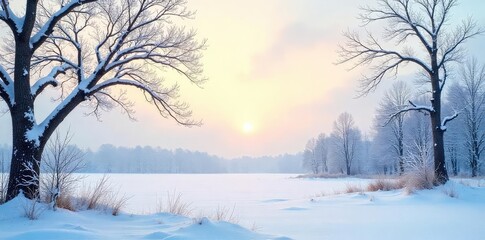 Stark, snow-covered branches reach towards a pale winter sky, revealing a desolate yet beautiful landscape Frozen ground, leafless trees, cold, winter stillness , desolate, snow