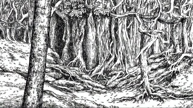 Detailed black and white drawing of a dense forest with intricate tree roots and trunks