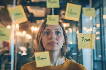 Young woman looking intently at sticky notes on a glass board, actively brainstorming creative solutions and new concepts in an office setting