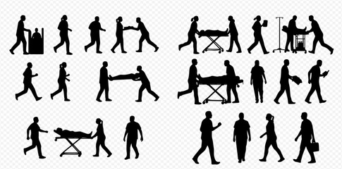 Silhouettes of diverse medical personnel and patients engaged in various actions, including transportation on stretchers and general movement.