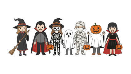 Spooky Gathering: A collection of kids dressed in classic Halloween costumes ready for trick-or-treating, with jack-o'-lantern buckets in hand and radiating the playful spirit of the holiday. 