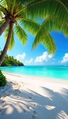 Sun-drenched white sand beach with turquoise water, lush palm trees swaying gently in the tropical breeze Perfect for relaxation and escape , vacation, tropical landscape