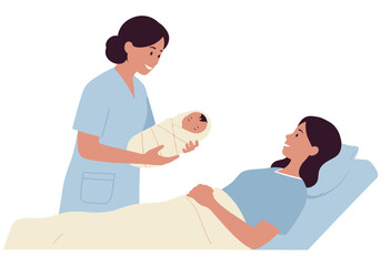 A nurse presents a newborn to a woman reclining in a hospital bed smiling