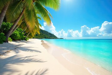 Sun-kissed sand, turquoise water gently lapping the shore, creating a mesmerizing, idyllic beach scene perfect for relaxation and escape The ultimate seductive escape , sky, warm