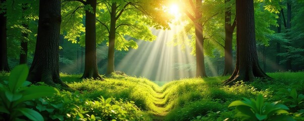 Sunlight dapples through lush green leaves in a vibrant summer forest The air is still and warm, casting long shadows on the forest floor A perfect summer escape , warm light, summer