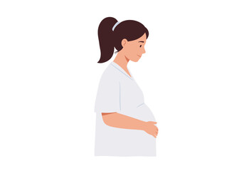 A pregnant woman in a white shirt with brown hair in a ponytail looks down and holds her belly