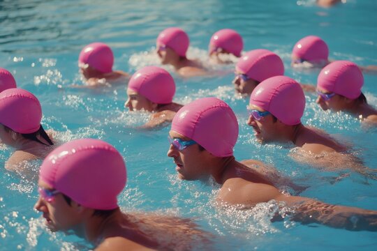 Group of athletes swimming in a pool, all wearing identical pink swimming caps and goggles, creating a unified and humorous scene of sports
