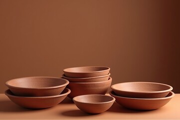 A group of carefully crafted clay bowls in various sizes rest on a soft brown background. Their earthy tones and smooth textures create a harmonious and inviting atmosphere