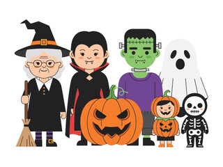 Halloween Gathering: A whimsical gathering of Halloween characters and pumpkins, evoking the festive spirit of the spooky season.