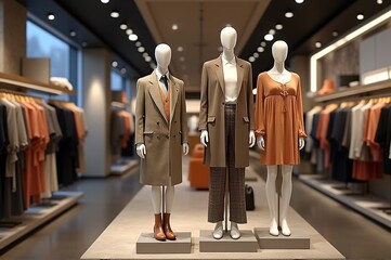 Fashionable mannequins stand prominently in a sleek retail space, showcasing a range of stylish outfits and accessories, highlighting current trends in apparel