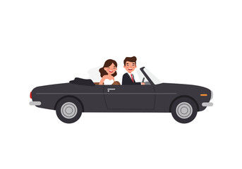 A wedding couple in a black convertible car