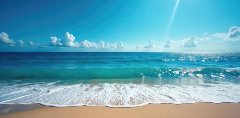 Vast expanse of deep blue ocean, waves crashing on a sandy shore, sunlight reflecting on the water's surface A tranquil yet powerful scene of nature's beauty , natural beauty, serenity