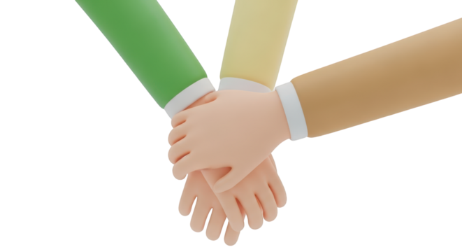 Three cartoon hands stacked together in unity isolated on a transparent background teamwork
