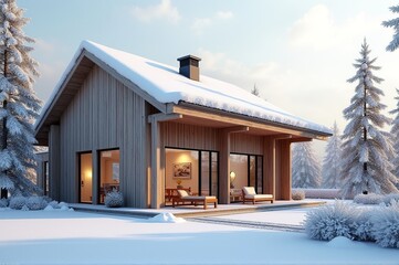 A beautiful wooden house sits in a snowy setting, surrounded by tall pine trees. The sunlight reflects off the snow, creating a peaceful winter scene inviting relaxation
