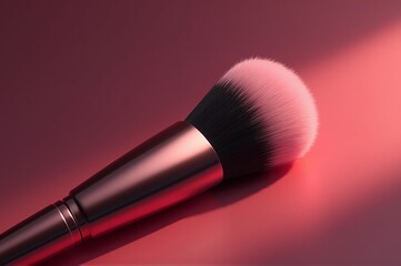 A beautifully designed beauty brush lies on a smooth surface, highlighting its soft bristles and metallic handle. Warm lighting enhances the brush's colors, creating an inviting atmosphere