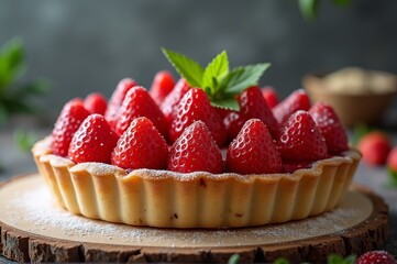 A beautifully crafted strawberry tart sits on a wooden board, adorned with vibrant red strawberries and fresh mint leaves. The warm light enhances its inviting appearance