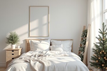 A warm and inviting bedroom features a comfortable bed with fluffy white linens. A small pine tree adds a festive touch while sunlight softly illuminates the space, enhancing the serene vibe