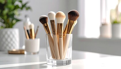 A Set of Professional Makeup Brushes in a Glass on a White Table.