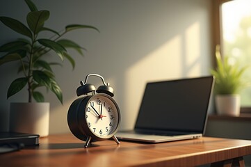 Soft morning light fills a cozy workspace where a black alarm clock sits beside a laptop