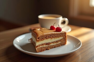 A slice of moist cake topped with caramel and cherries sits on a plate next to a steaming cup of coffee, illuminated by soft sunlight. The scene captures a peaceful afternoon enjoyment