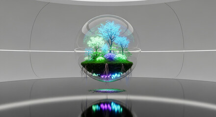 Abstract Conceptual Render of Hovering Garden Orb in Expansive Sci-Fi Room
