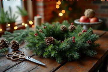 Hands craft a beautiful wreath on a rustic table adorned with pinecones, red berries, and twinkling lights, capturing the warm spirit of the holiday season