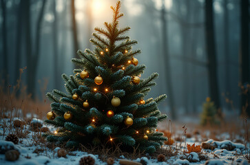 A beautifully decorated holiday tree stands in a serene snowy forest, adorned with golden ornaments and twinkling lights, radiating warmth in the chilly morning air