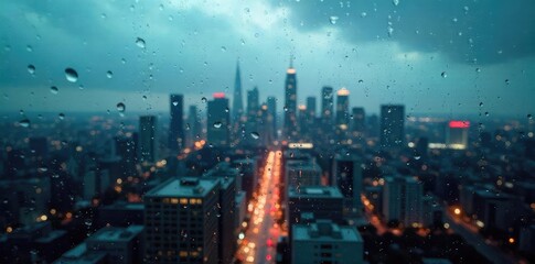 A blurred city skyline viewed through a rain-streaked window pane, emphasizing the feeling of separation and confinement within defined limits , blurred, damp, window