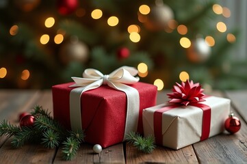 Wrapped presents in red and gold are arranged on a rustic wooden table. Soft lights twinkle in the background, creating a cozy holiday atmosphere filled with joy and anticipation