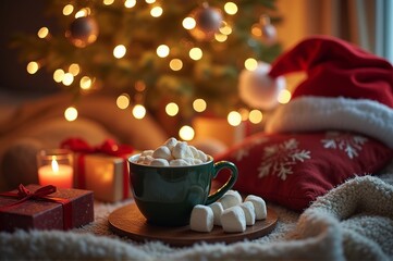 A green mug filled with fluffy marshmallows sits on a wooden tray near a softly glowing Christmas tree. String lights and candles add warmth to the festive atmosphere, creating a cozy holiday scene