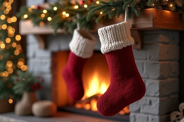 Red stockings hang from a rustic mantel, glowing softly by the warm fire. Twinkling lights illuminate the cozy space, adding a joyful touch to the holiday atmosphere as decorations fill the scene