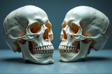 Two realistic human skulls face each other, showcasing the fine details of their structure. Soft lighting highlights their features, creating an intriguing atmosphere for study