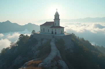 Nestled high on a rocky peak, a stunning church stands proudly, bathed in soft morning light. The surrounding clouds create a serene and mystical atmosphere, inviting exploration and contemplation