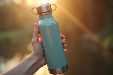 A calm lakeside scene unfolds as a hand grasps a turquoise water bottle. Sunlight filters through trees, creating golden sparkles on the water's surface as day fades to night