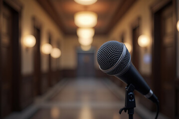 In an elegant hallway with warm lighting, a microphone stands ready on a stand, awaiting the next speaker. The atmosphere is filled with anticipation and history, making it lively
