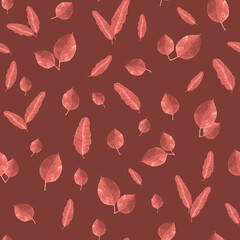 Colorful leaves arranged in a pattern on a warm brown background create a vibrant autumn feel and inspire nature-themed designs