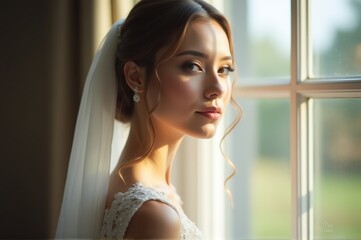 A bride stands gracefully near a window, her elegant features bathed in soft light. The serene expression reflects calm anticipation as she prepares for her special day