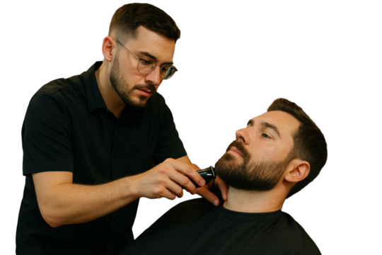 Barber trimming a client's beard using electric clipper, realistic style, isolated on white background. Concept of grooming and personal care. Ai generative