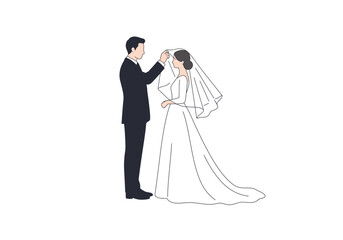 Groom adjusting brides veil both in formal attire