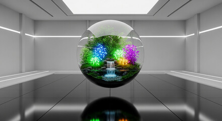 Modern 3D Concept Featuring Luminous Garden Sphere Hovering in White Room
