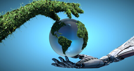 Hi Tech Mechanical Robot and Nature covered with flowers and grass two arms hovering Earth Globe as Save Water Green Technology conceptual design on gradent background. 3d render