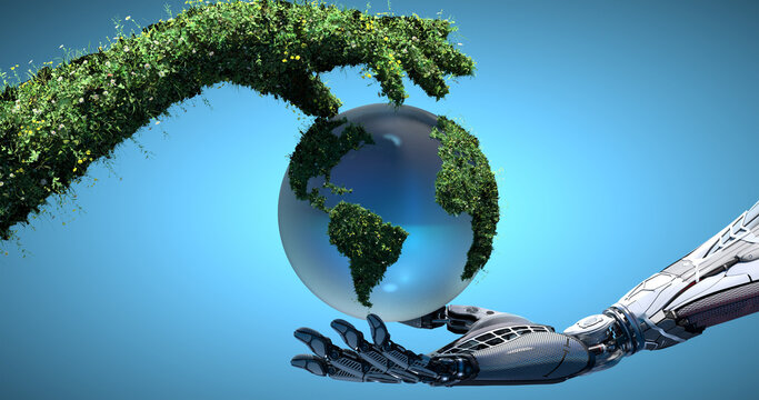 Hi Tech Mechanical Robot and Nature covered with flowers and grass two arms hovering Earth Globe as Save Water Green Technology conceptual design on gradent background. 3d render